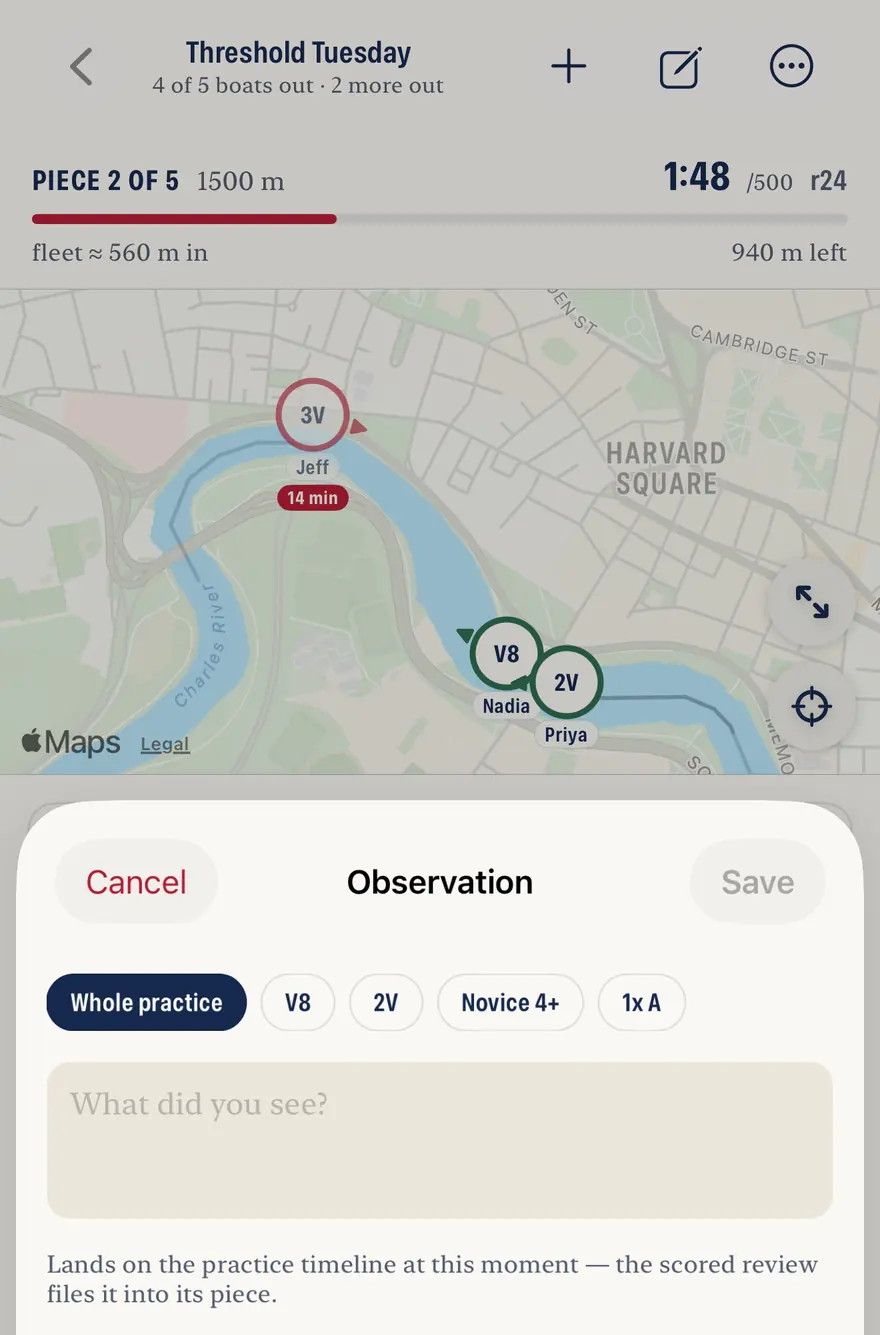 Recording an observation from the launch: the fleet map above with three boats under way and one flagged at fourteen minutes, and a sheet below asking what did you see, scoped to the whole practice or to a single boat, noting that it lands on the practice timeline at this moment and the scored review files it into its piece.